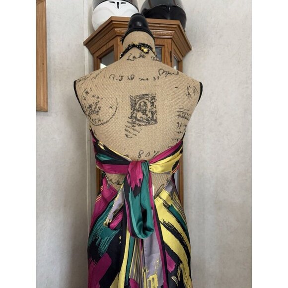 TIFFANY Rainbow Satin Silky Halter Tie Back Maxi Dress Gown Sz 8 Prom Drop Waist - Picture 8 of 12